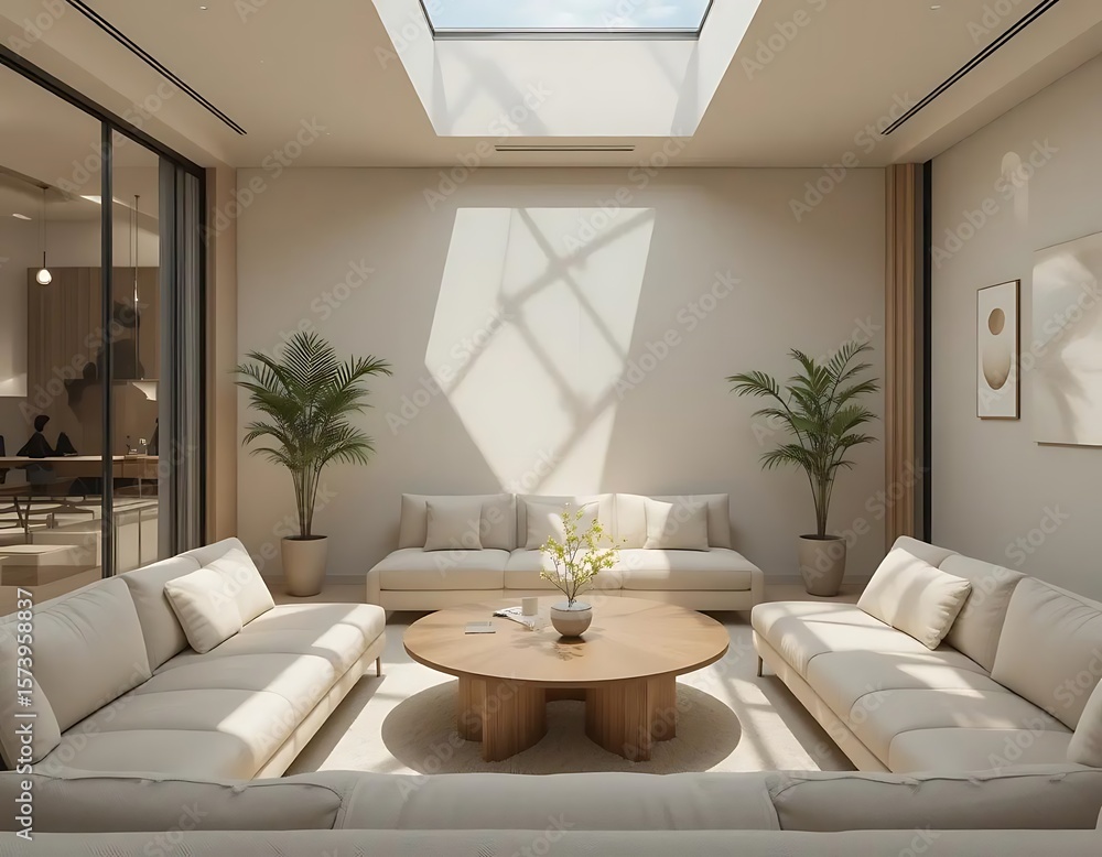 © Vidoy - Modern Minimalist Living Room: Sunlit Beige Sofa, Wooden Coffee Table, and Skylight