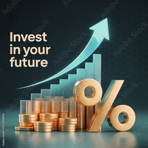 3D Financial Growth Visualization with Teal Bars, Coins, and Glowing Arrow