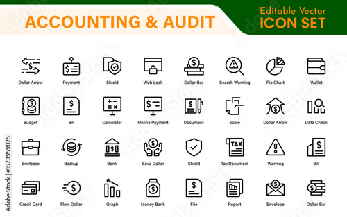 Collection of accounting and audit line icons. Business finance vector pack. Contains icons for tax return, payroll, earnings, income, deductions, ledger, and money management.