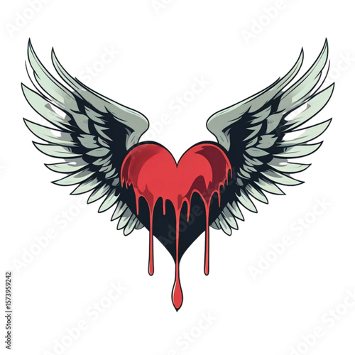 Stylized red heart with dripping effect and angel wings 