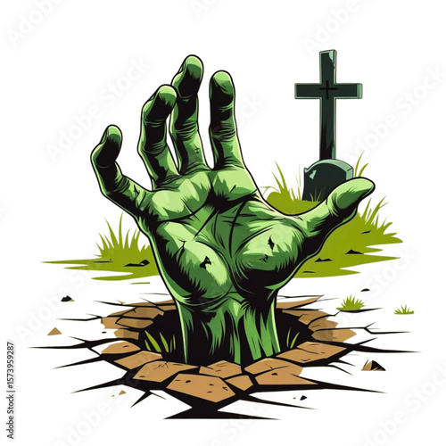 Green zombie hand emerging from cracked earth in a graveyard with a tombstone