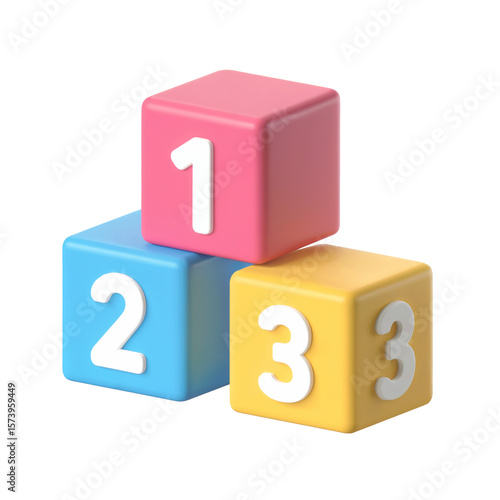 3D Stacked Number Blocks 1, 2, 3 in Pink, Blue, and Yellow on White Background