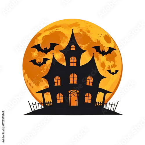 Spooky haunted house silhouette with bats flying against a large orange moon on halloween night