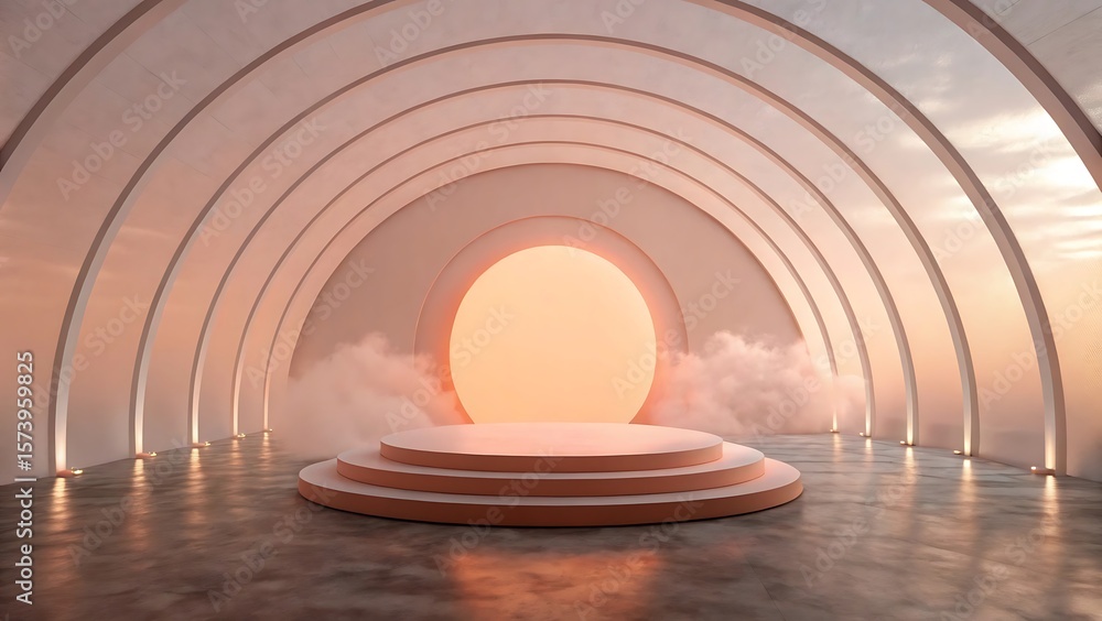 Fototapeta premium Abstract Minimalist Architecture with a Three Tiered Podium and Sunset Backdrop