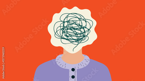 Woman's head filled with tangled thoughts symbolizing confusion and mental overload in modern life