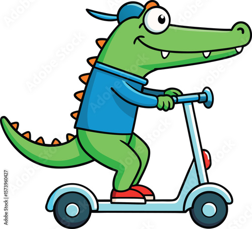 Cartoon Alligator Riding a Scooter with a Cap on its Head Smiling and Having Fun Outdoors
