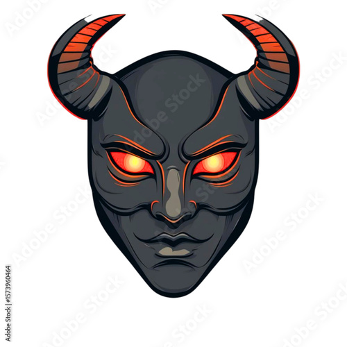 Fierce demonic mask with glowing red eyes and sharp horns 