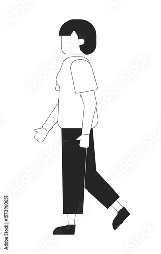 Side view faceless short haired woman walking in casual clothes 2D line character. Everyday look asian female with bob haircut isolated vector ink outline person. Monochromatic spot illustration