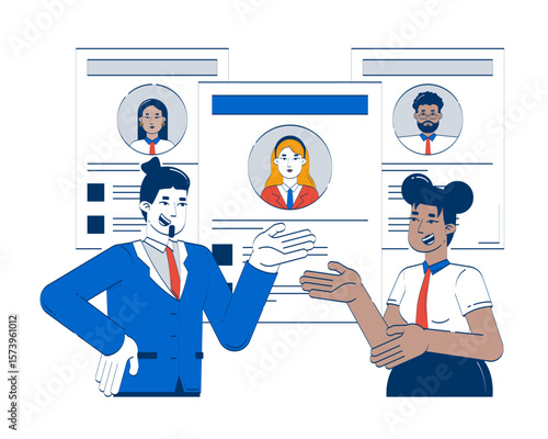 HR managers discussing resumes doodle illustration concept. Corporate careers. Hiring conversation with CVs candidate profiles cartoon 2D characters isolated on white. Hand drawn vector metaphor