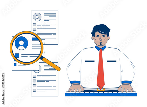 HR manager screening resumes with magnifying glass doodle illustration concept. Candidate search. Employee select loupe recruiter cartoon 2D character isolated on white. Hand drawn vector metaphor