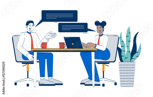 Job interview process doodle cartoon illustration. Diverse HR manager jobseeker onboarding. Casual workplace conversation 2D flat characters isolated on white. Doodleart hand-drawn drawing colorful