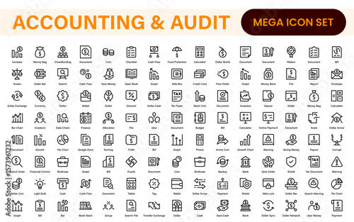 Collection of accounting and audit line icons. Business finance vector pack. Contains icons for tax return, payroll, earnings, income, deductions, ledger, and money management.