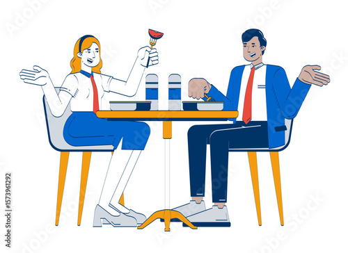Diverse colleagues on lunch break together doodle cartoon illustration. Canteen workplace lunchbreak breaktime. Team bonding 2D flat characters isolated on white. Doodleart hand-drawn drawing colorful