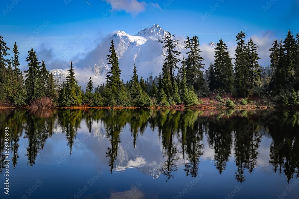Reflective lake mirroring evergreen trees and snow capped mountain under a cloudy blue sky day Reflective lake mirroring evergreen trees and snow capped mountain under a cloudy blue sky day