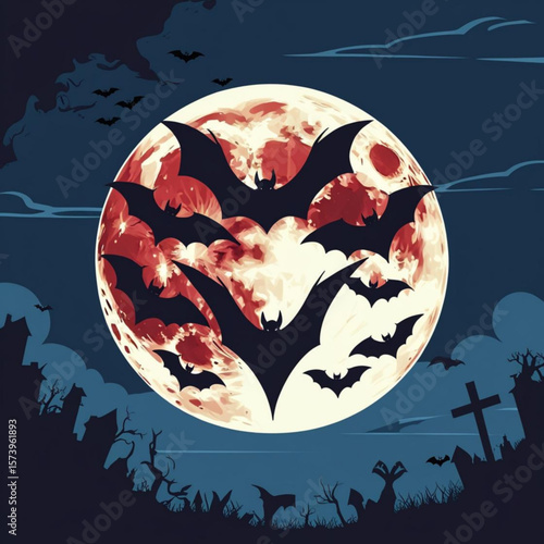 Spooky halloween night with a blood moon and bats flying over a haunted cemetery landscape