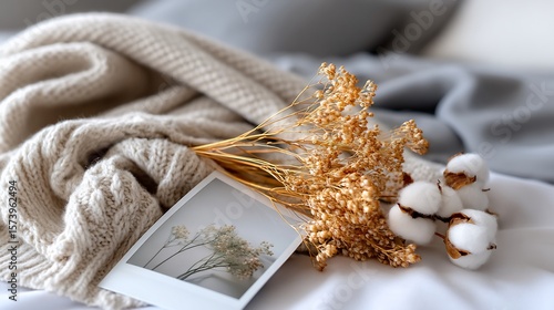 Cozy composition knit blanket, dried flowers, polaroid, and cotton on soft bed