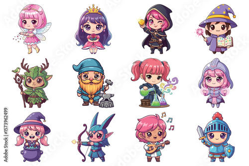 Chibi magical fantasy characters professions collection vector illustration