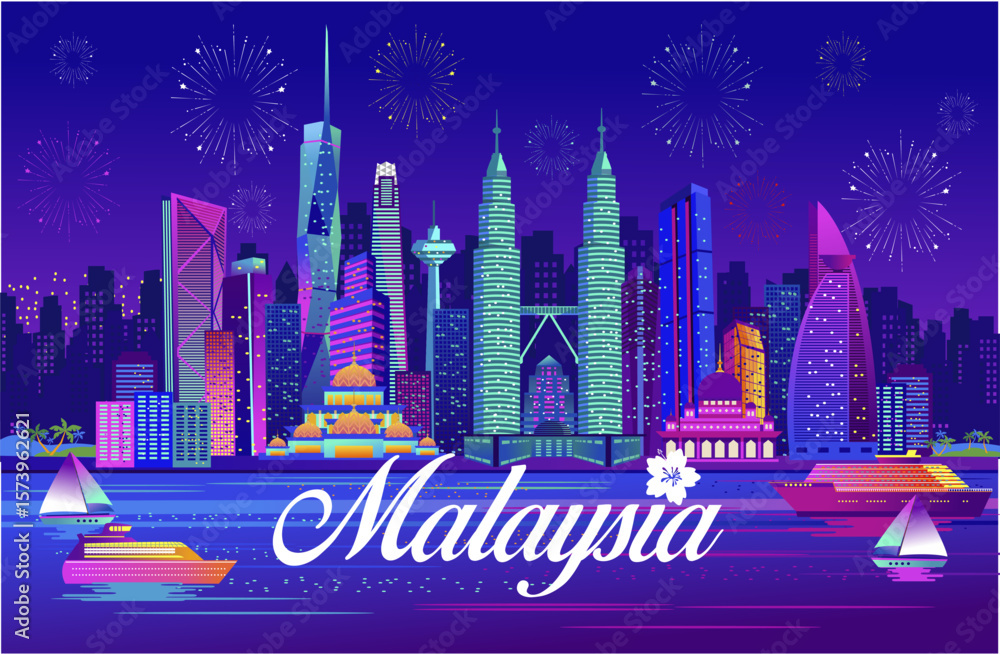 Fototapeta premium Malaysia Kuala Lumpur Skyline background with Beautiful Night Skysrcapers View and Fantastic City Lights. Best for Malaysia Background, Banner, Backdrop, Poster, Business, Travel and Tourism Promos
