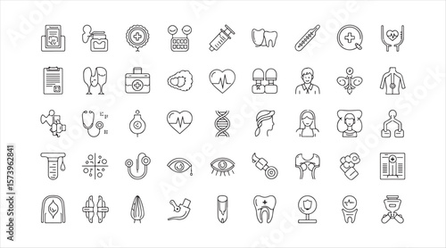 Extensive collection of thin-line icons representing medicine and healthcare elements.


