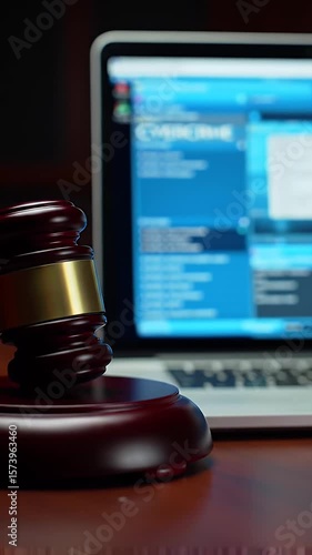 Brown Wooden Gavel Placed Near Laptop in Dimly Lit Courtroom Represents Justice System
