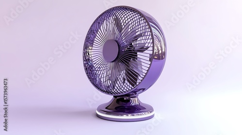 A purple desk fan with a circular base and a spherical fan head on a table