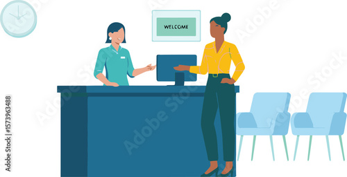 Friendly receptionist assists client at modern clinic reception desk, creating welcoming patient experience