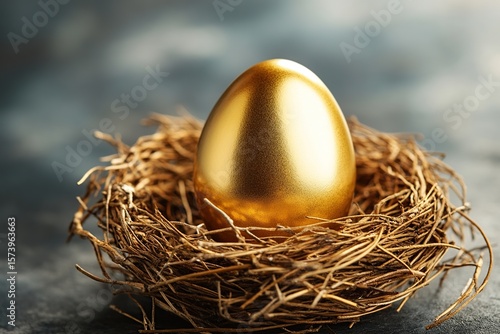A gleaming golden egg rests within a rustic straw nest, symbolizing wealth and potential, set against a dark, textured background.