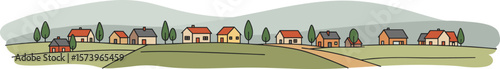 Illustrated rural landscape with houses and rolling green hills  on transparent background