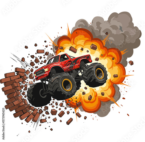 Red monster truck jumping through exploding wall with clouds of smoke  on transparent background
