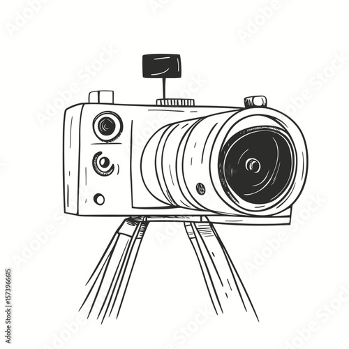 Hand drawn vintage video camera on tripod sketch retro film recording device doodle illustration vector drawing isolated on white background concept of old style cinematography equipment