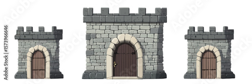 Medieval stone castle doors with arched wooden gates and crenellated battlements in flat minimalist vector style isolated on white background