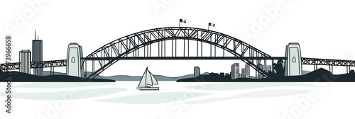 Vector illustration of Sydney Harbour Bridge over water with city skyline and sailboat minimalist flat style Australian landmark