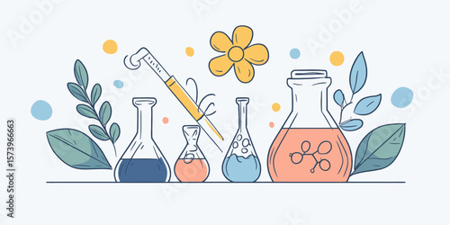 Hand drawn doodle chemistry lab glassware with colorful liquids and botanical elements in minimalist vector style for science education background
