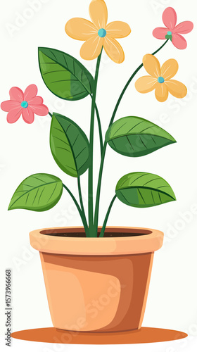 Colorful blooming flowers with green leaves in terracotta flower pot indoor decorative plant flat vector illustration