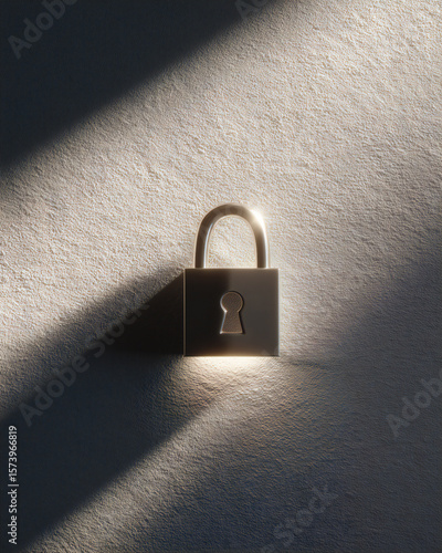 lock, black and silver lock icon projected as soft light on neutral wall, minimal scene with natural textures, symbolic of security