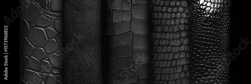 Black reptile skin texture set with snake crocodile lizard leather patterns seamless vertical vector backgrounds for fashion fabric surfaces