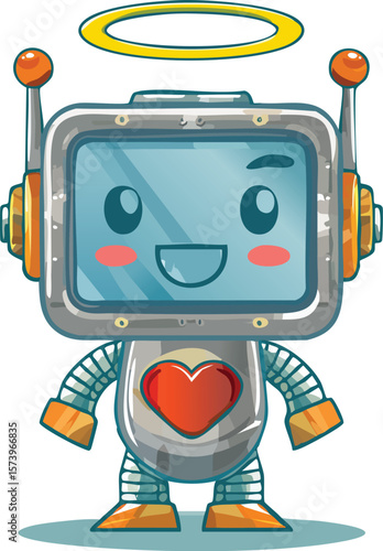 Cute cartoon robot with heart and halo, chibi style illustration, colorful, friendly expression, isolated on white.