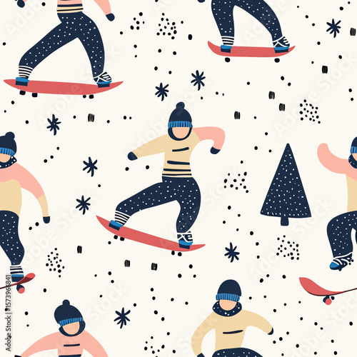 Seamless pattern of minimalist flat style winter snowboarders in beanies with snowflakes and pine trees on light background for winter sports and outdoor activities design
