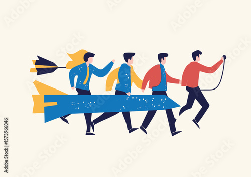 Business team following leader holding rope walking forward together symbolizing teamwork direction success motivation and leadership concept in flat minimalist style vector illustration