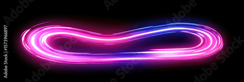 Neon glowing race track outline with vibrant pink and blue light trails and dark background abstract speedway illustration vector design