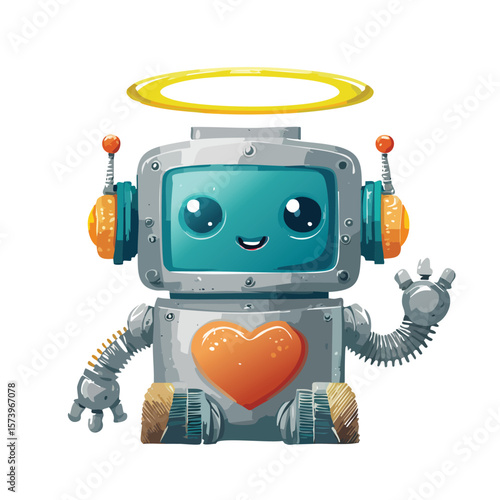 Cute cartoon robot with heart and halo, chibi style illustration, colorful, friendly expression, isolated on white.