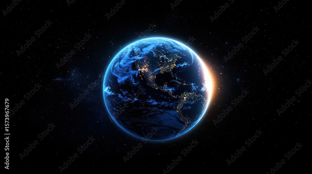 Obraz premium Night Earth, sunrise, space, city lights, globe, background stars, environmental, website header