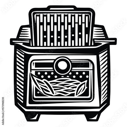 Black and white line icon of fryer line art