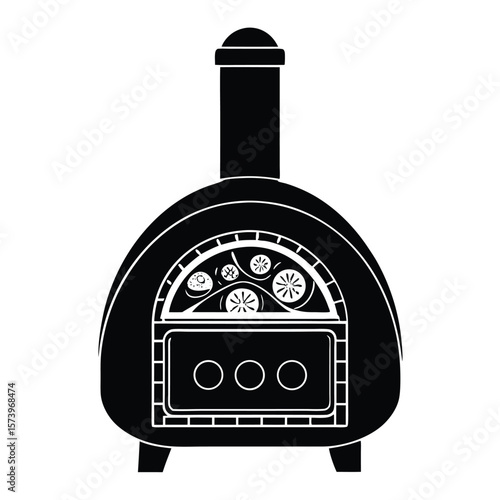 Black and white pizza oven icon cooking food