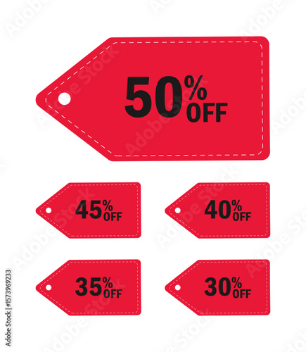 Collection of red sale tags featuring fifty, forty-five, forty, thirty-five, and thirty percent off discounts