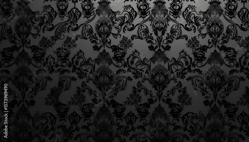 Ornate black damask pattern background with elegant floral swirls and vintage vibes
