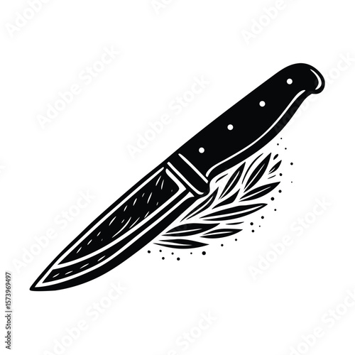 Black knife with laurel leaves black and white cutting