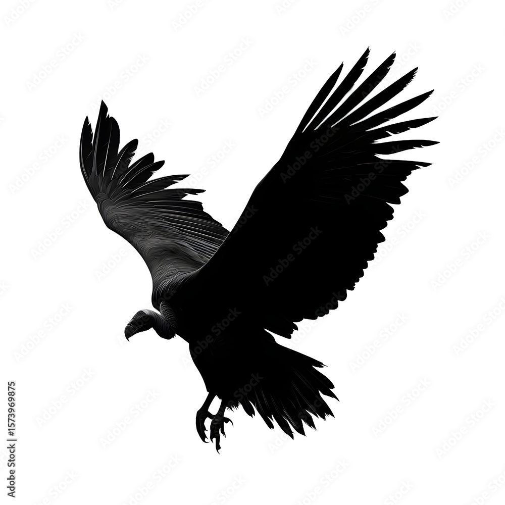 Fototapeta premium Silhouette of giant jungle bird with expanded wingspan mid-hover, isolated on transparent background