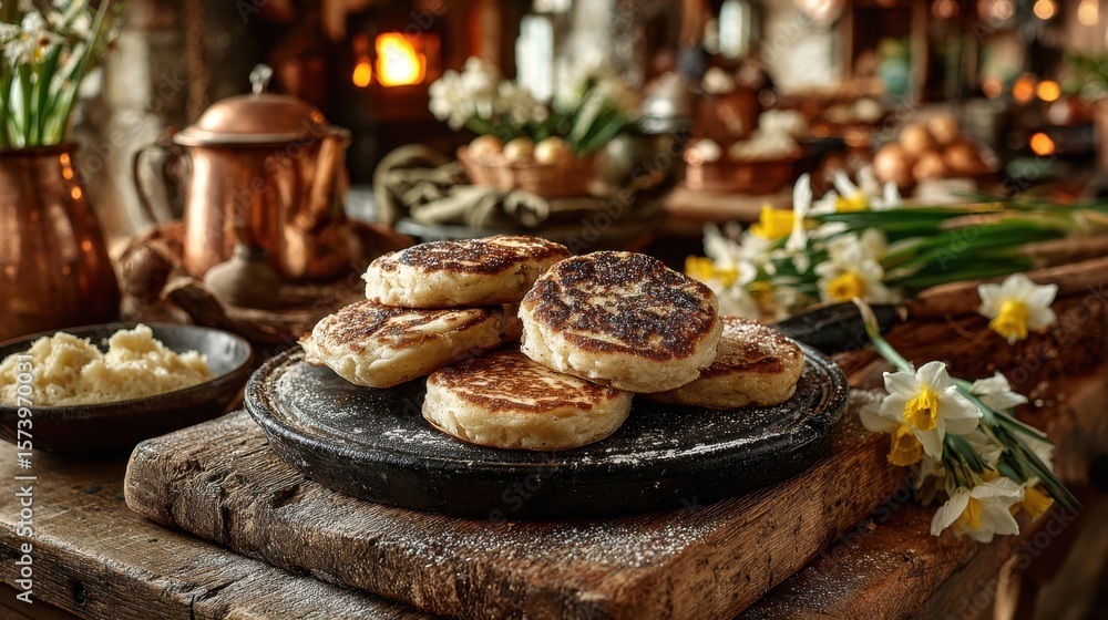 Rustic kitchen setting with freshly cooked potato cakes and spring flowers Rustic kitchen setting with freshly cooked potato cakes and spring flowers