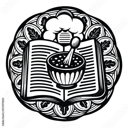 Open book with soup bowl and chef hat black and white